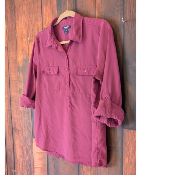 Old Navy Plum Roll Up Button Up Shirt Sz M Workwear Business Casual Preppy Fall - Picture 2 of 4